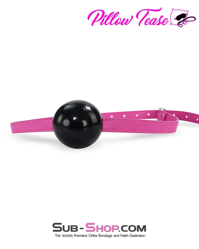 0578DL-SIS      Large Kinky Mistress Black Rubber Ballgag on Hot Pink Sissy Slave Strap