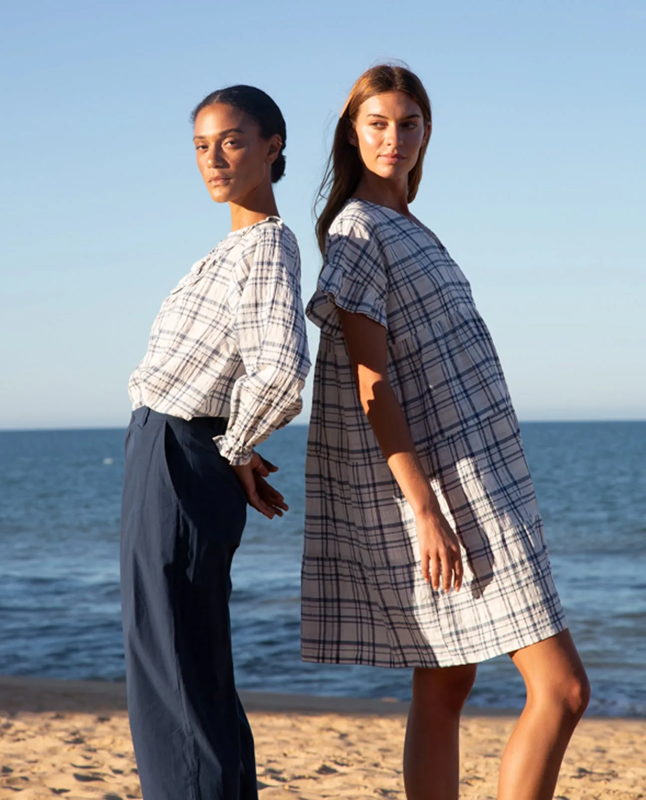 Ada-Cay Organic Cotton & Linen Dress In White & Blue Check