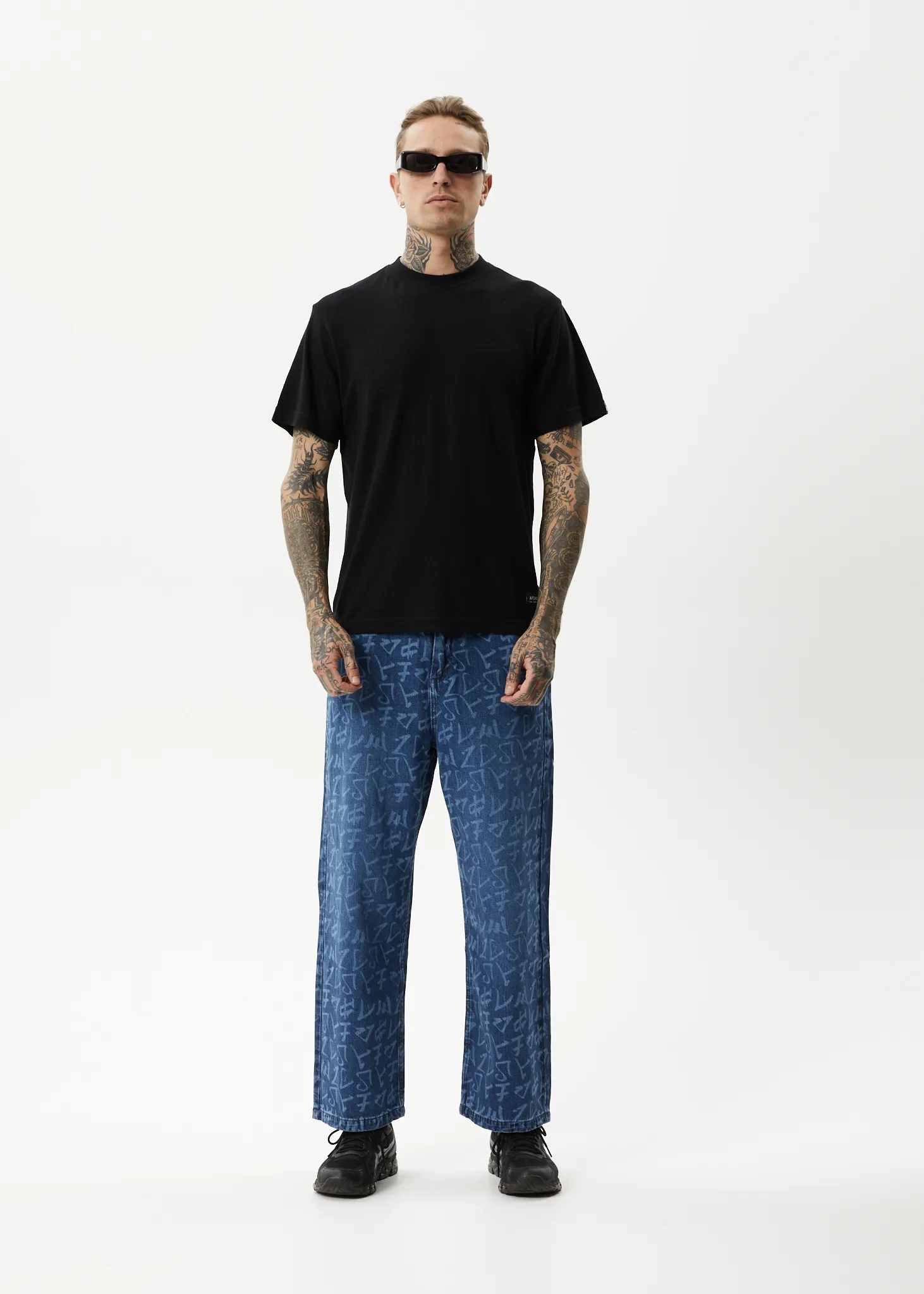 AFENDS Mens Tagged Pablo - Denim Baggy Jeans - Graffiti Blue