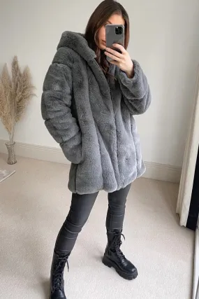 Charcoal Faux Fur Panelled Hooded Longline Coat