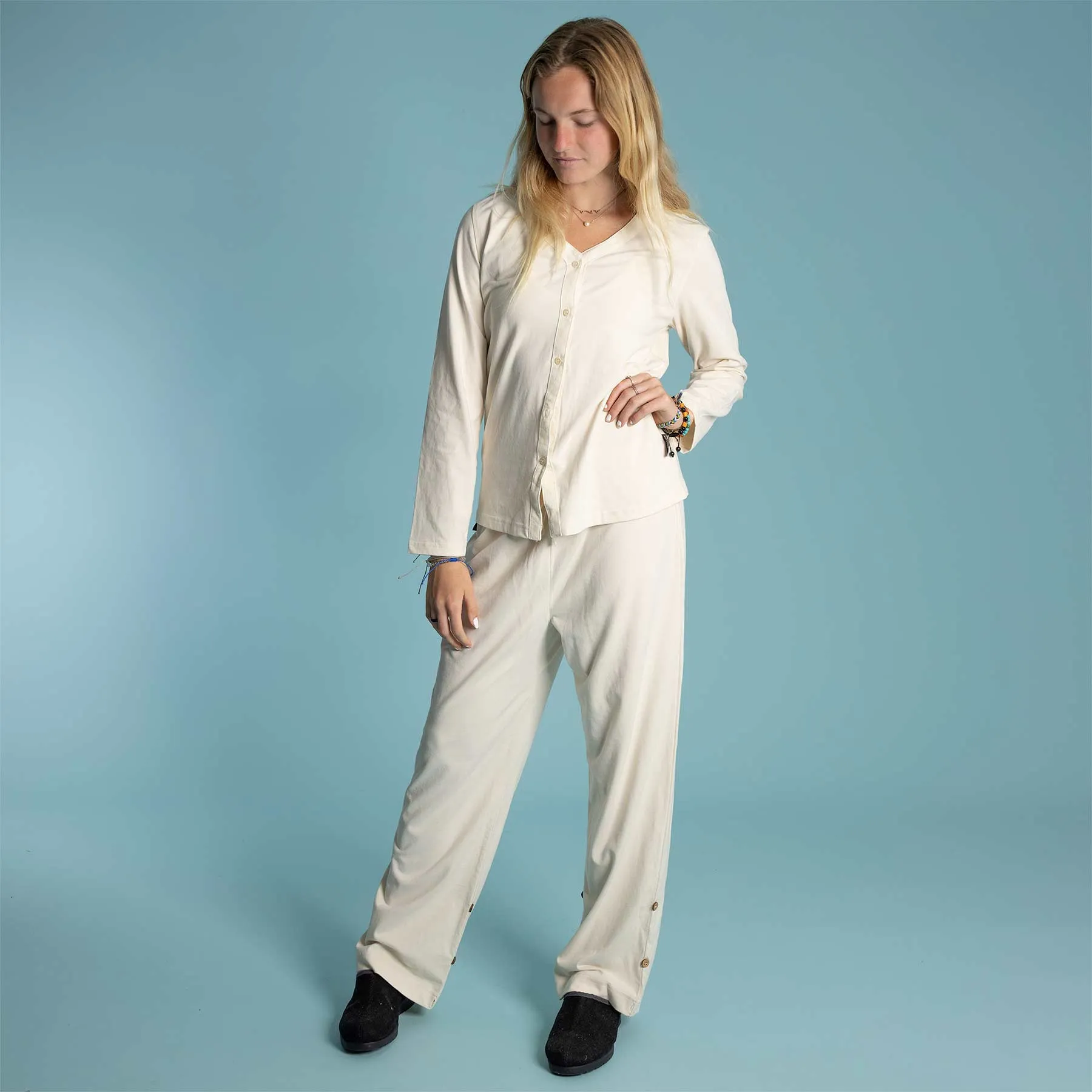 **INTERLAKEN Elastic-Free Unisex 100% Organic Cotton Jammy Lounge Pants with Plastic-Free Coconut Buttons | Eco-Friendly & Biodegradable Thread Option**