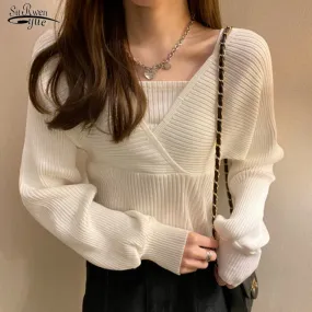 Joskaa Christmas Gift Elegant Solid Slim Autumn Short V Neck White Knitted Tops Bottom Fake Two Pieces Pullover Sweaters Lady Fashion Chic Korea 17394