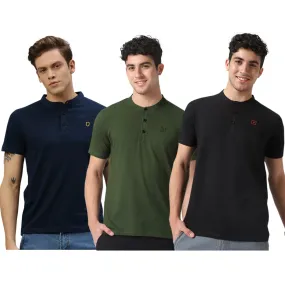 Men's Multicolor Solid Mandarin Collar Slim Fit Cotton T-Shirt Pack of 3