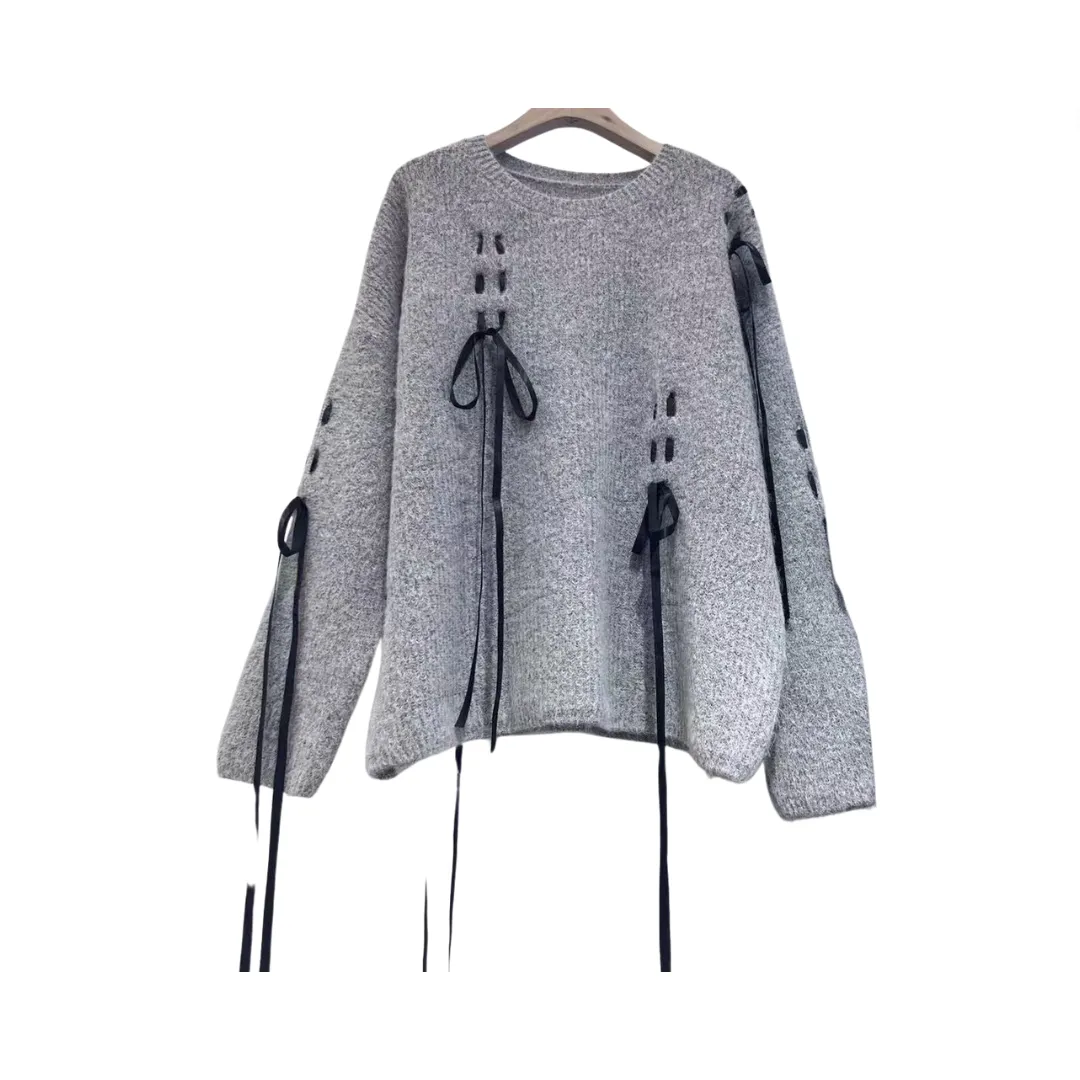 Pre Order:  Bow Tie Round Neck Loose Knitted Sweater