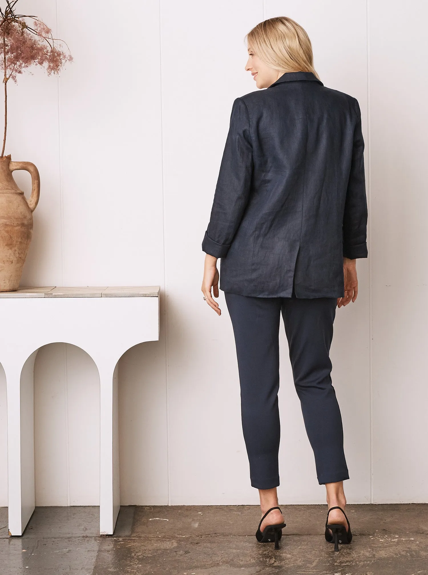 Sadie Maternity Linen Blazer Jacket in Navy