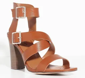 Strappy Chunky Heel Double Buckle Open Toe Sandal Tan