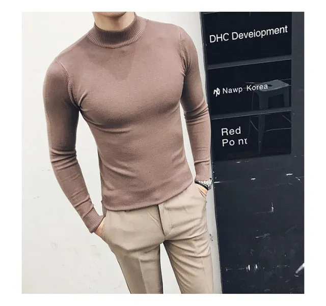 Voguable  Autumn New Men's Turtleneck Sweaters Male Slim Fit Solid Color High Neck Sweater Men Long Sleeve Knitted Pullover Tops 3XL