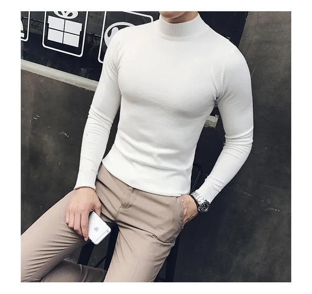 Voguable  Autumn New Men's Turtleneck Sweaters Male Slim Fit Solid Color High Neck Sweater Men Long Sleeve Knitted Pullover Tops 3XL