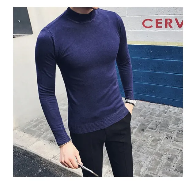 Voguable  Autumn New Men's Turtleneck Sweaters Male Slim Fit Solid Color High Neck Sweater Men Long Sleeve Knitted Pullover Tops 3XL