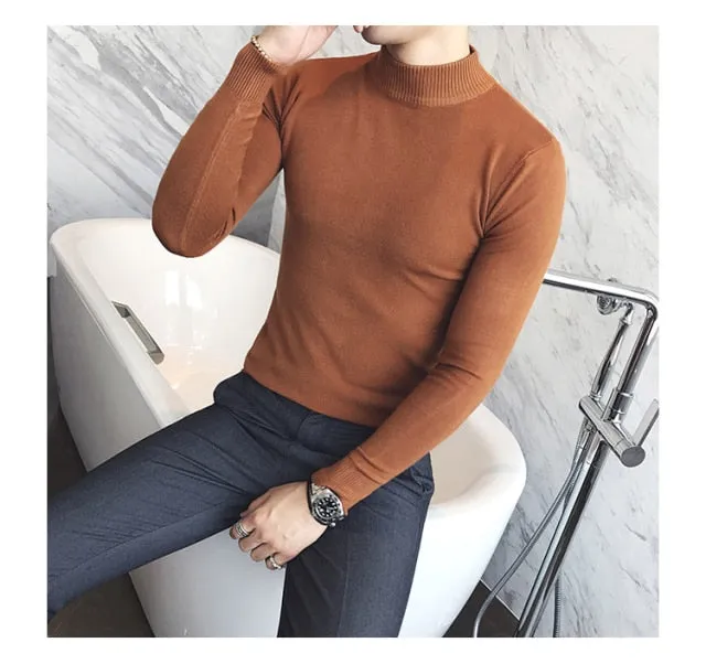 Voguable  Autumn New Men's Turtleneck Sweaters Male Slim Fit Solid Color High Neck Sweater Men Long Sleeve Knitted Pullover Tops 3XL