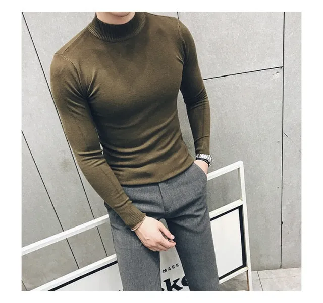 Voguable  Autumn New Men's Turtleneck Sweaters Male Slim Fit Solid Color High Neck Sweater Men Long Sleeve Knitted Pullover Tops 3XL