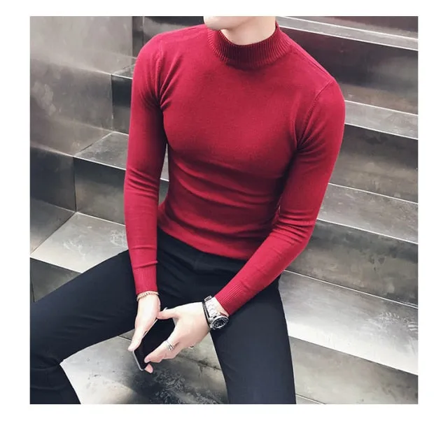 Voguable  Autumn New Men's Turtleneck Sweaters Male Slim Fit Solid Color High Neck Sweater Men Long Sleeve Knitted Pullover Tops 3XL